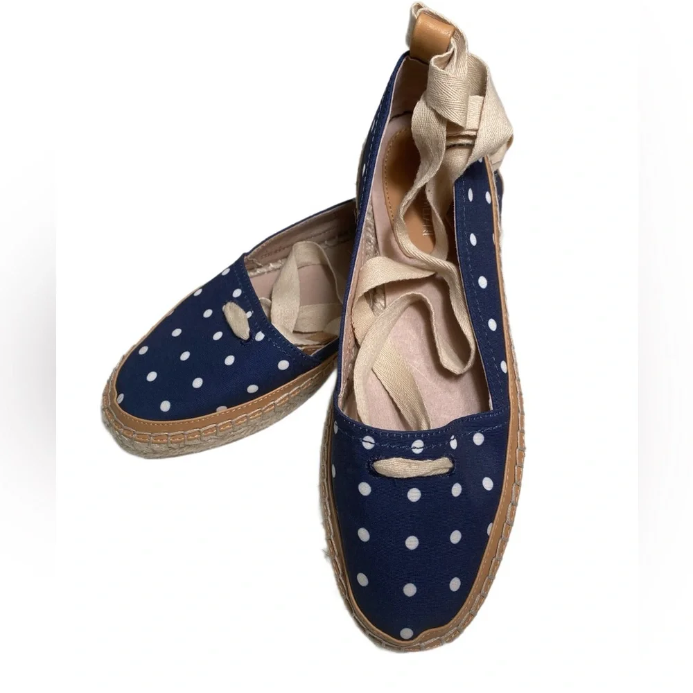 Antonio Melani Luluna Ankle Wrap Jute Espadrille Slip On Polka Dot Flat Navy 7.5